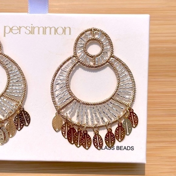 Brand New Persimmon Glass Beaded Gold Tone Leaf Round Drop Earrings Lightweight - Picture 4 of 14